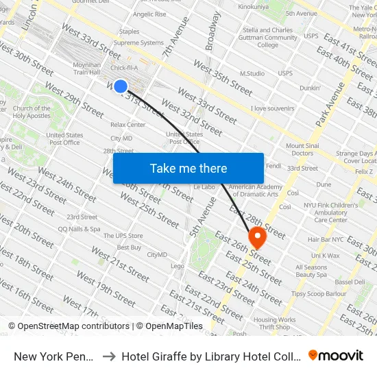 New York Penn Station to Hotel Giraffe by Library Hotel Collection New York map