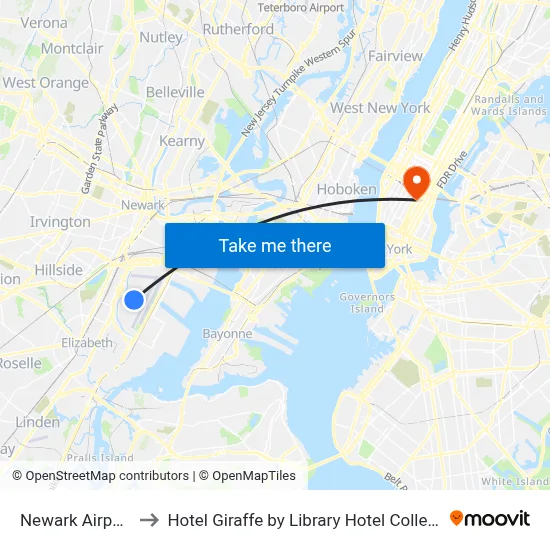 Newark Airport EWR to Hotel Giraffe by Library Hotel Collection New York map