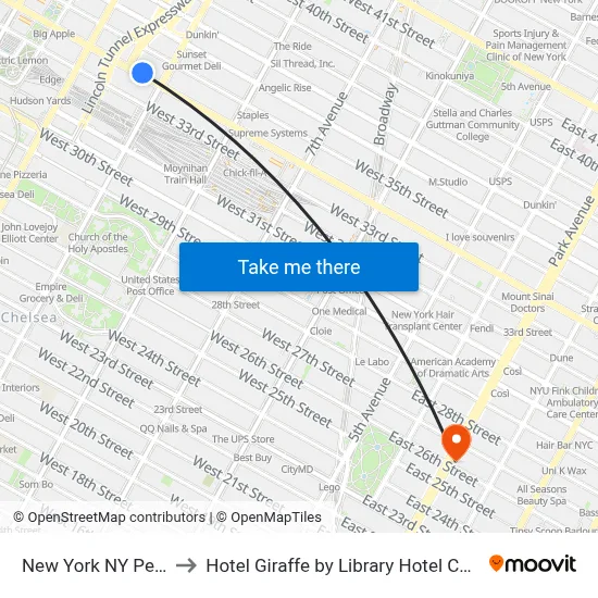New York NY Penn Station to Hotel Giraffe by Library Hotel Collection New York map
