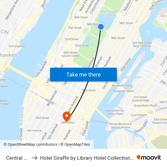 Central Park to Hotel Giraffe by Library Hotel Collection New York map