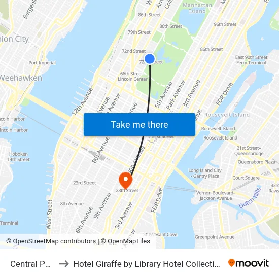 Central Park W to Hotel Giraffe by Library Hotel Collection New York map