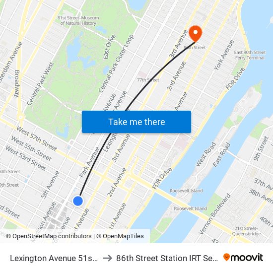 Lexington Avenue 51st Street Station to 86th Street Station IRT Second Avenue Line map