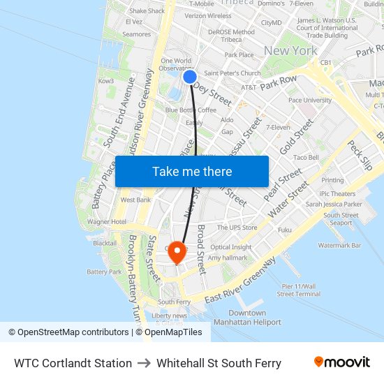 WTC Cortlandt Station to Whitehall St South Ferry map