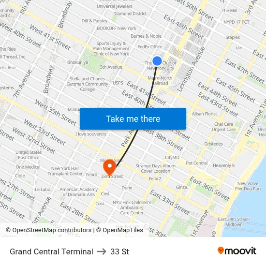 Grand Central Terminal to 33 St map