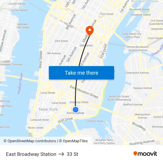 East Broadway Station to 33 St map