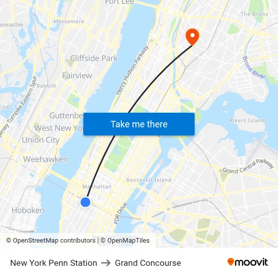 New York Penn Station to Grand Concourse map