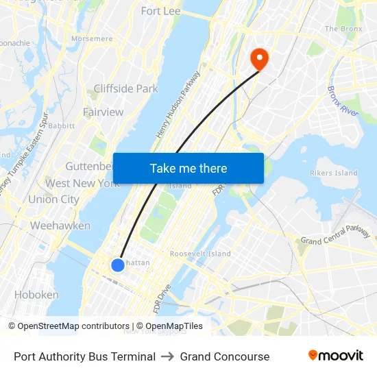 Port Authority Bus Terminal to Grand Concourse map