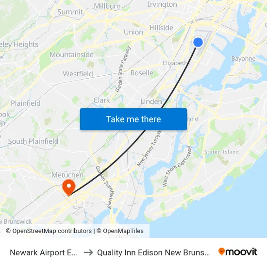 Newark Airport EWR to Quality Inn Edison New Brunswick map