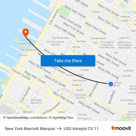 New York Marriott Marquis to USS Intrepid CV 11 map