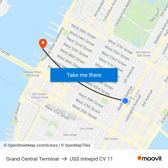 Grand Central Terminal to USS Intrepid CV 11 map