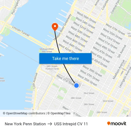 New York Penn Station to USS Intrepid CV 11 map
