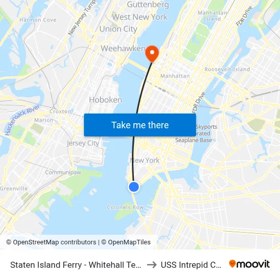Staten Island Ferry - Whitehall Terminal to USS Intrepid CV 11 map