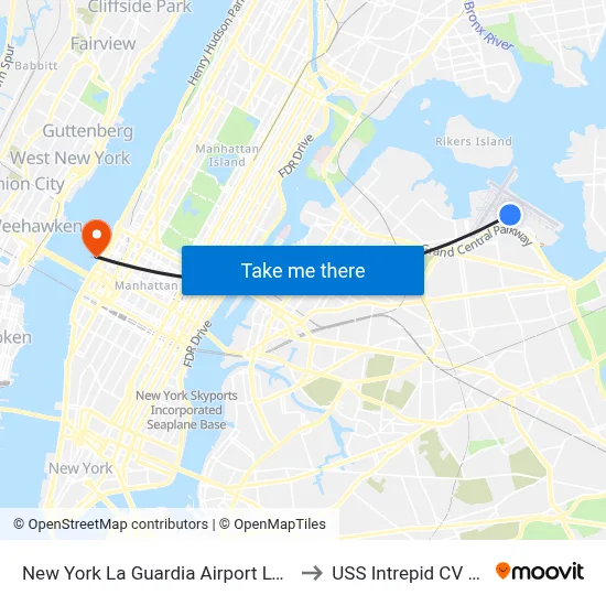 New York La Guardia Airport LGA to USS Intrepid CV 11 map