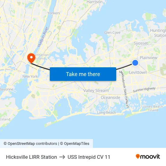 Hicksville LIRR Station to USS Intrepid CV 11 map