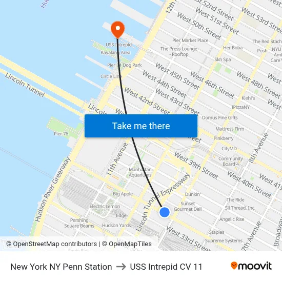 New York NY Penn Station to USS Intrepid CV 11 map