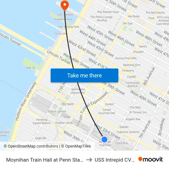 Moynihan Train Hall at Penn Station to USS Intrepid CV 11 map