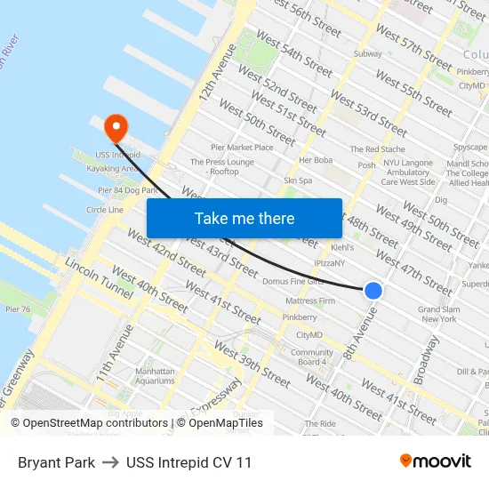 Bryant Park to USS Intrepid CV 11 map