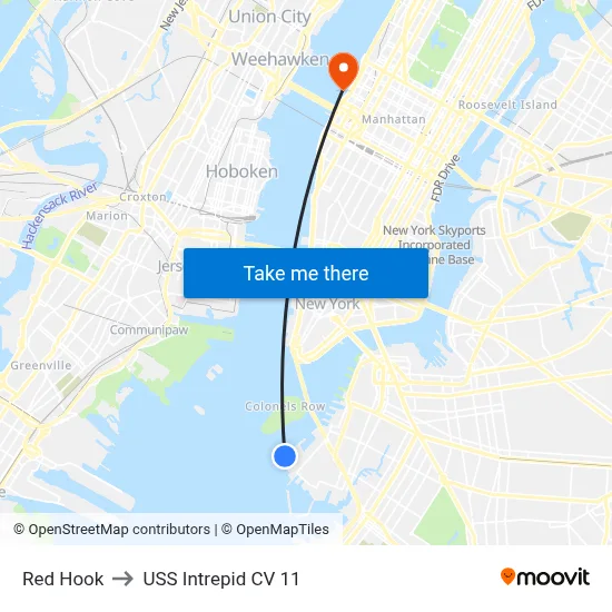 Red Hook to USS Intrepid CV 11 map