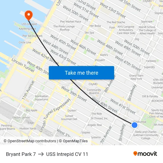 Bryant Park 7 to USS Intrepid CV 11 map