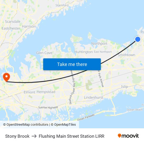 Stony Brook to Flushing Main Street Station LIRR map