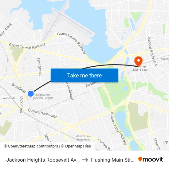 Jackson Heights Roosevelt Avenue 74th Street Station to Flushing Main Street Station LIRR map