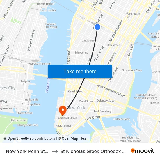 New York Penn Station to St Nicholas Greek Orthodox Church map