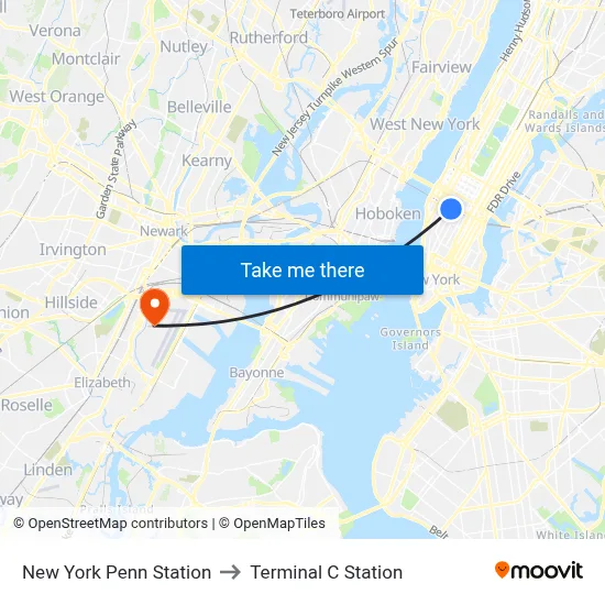 New York Penn Station to Terminal C Station map
