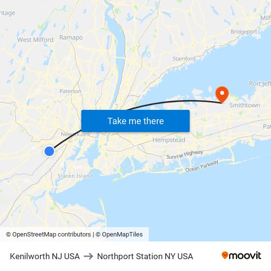 Kenilworth NJ USA to Northport Station NY USA map