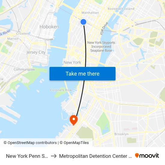 New York Penn Station to Metropolitan Detention Center Brooklyn map
