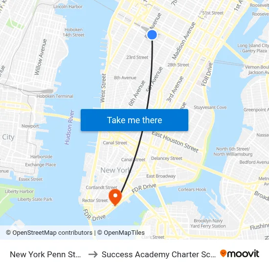 New York Penn Station to Success Academy Charter Schools map
