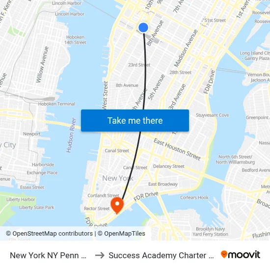 New York NY Penn Station to Success Academy Charter Schools map