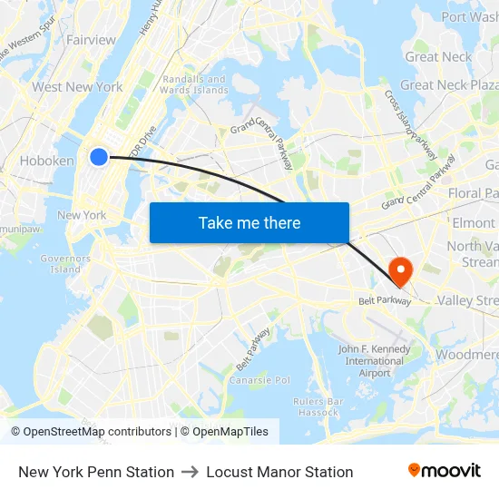 New York Penn Station to Locust Manor Station map