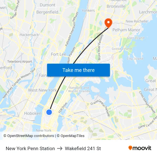 New York Penn Station to Wakefield 241 St map