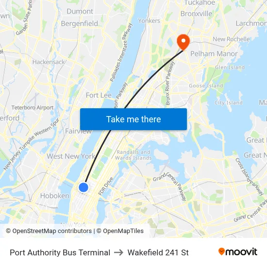 Port Authority Bus Terminal to Wakefield 241 St map