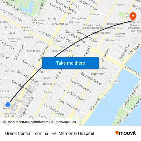 Grand Central Terminal to Memorial Hospital map