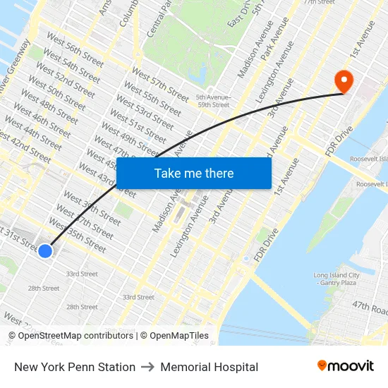New York Penn Station to Memorial Hospital map