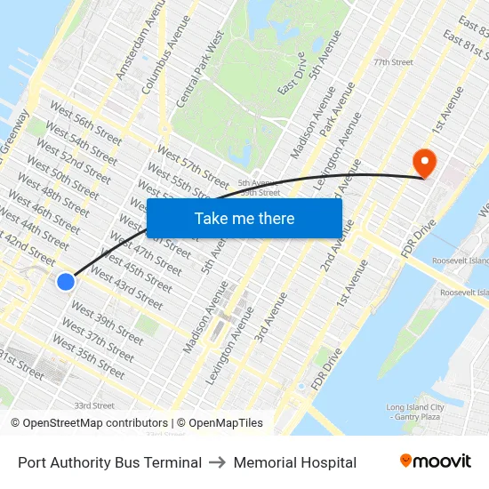 Port Authority Bus Terminal to Memorial Hospital map