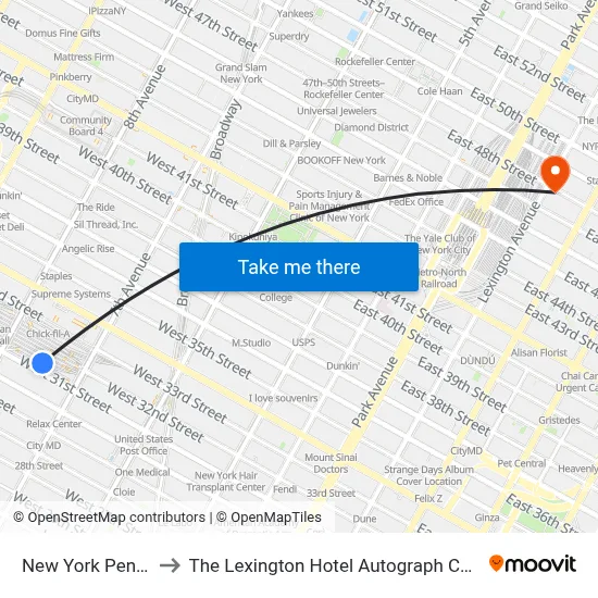 New York Penn Station to The Lexington Hotel Autograph Collection New York map