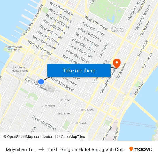 Moynihan Train Hall to The Lexington Hotel Autograph Collection New York map