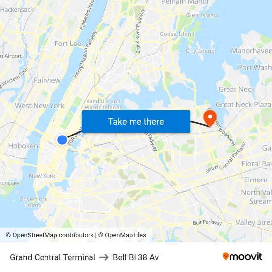Grand Central Terminal to Bell Bl 38 Av map