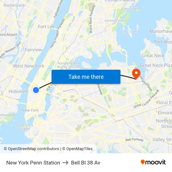 New York Penn Station to Bell Bl 38 Av map