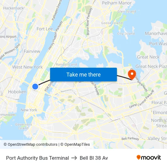 Port Authority Bus Terminal to Bell Bl 38 Av map