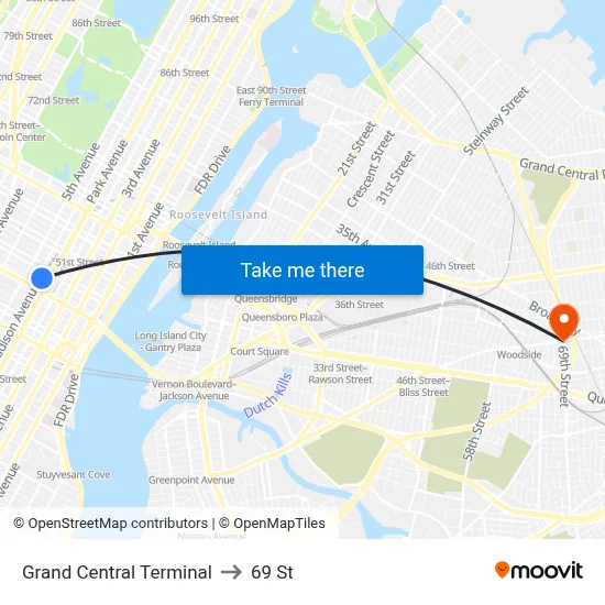 Grand Central Terminal to 69 St map