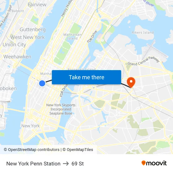 New York Penn Station to 69 St map