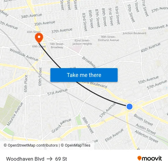 Woodhaven Blvd to 69 St map