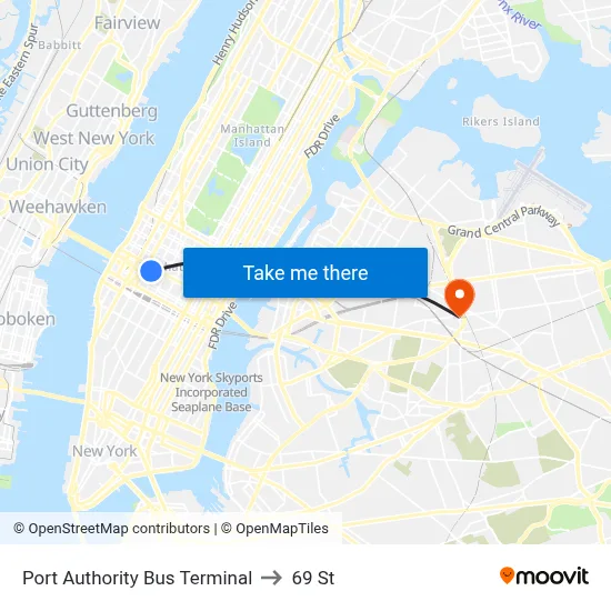 Port Authority Bus Terminal to 69 St map