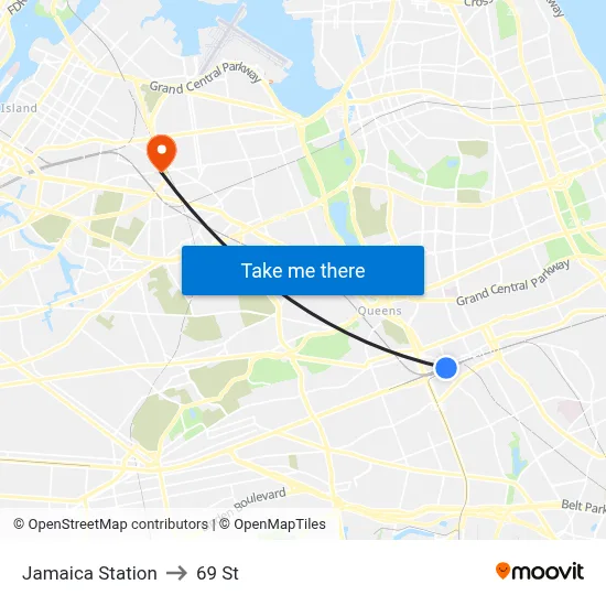 Jamaica Station to 69 St map
