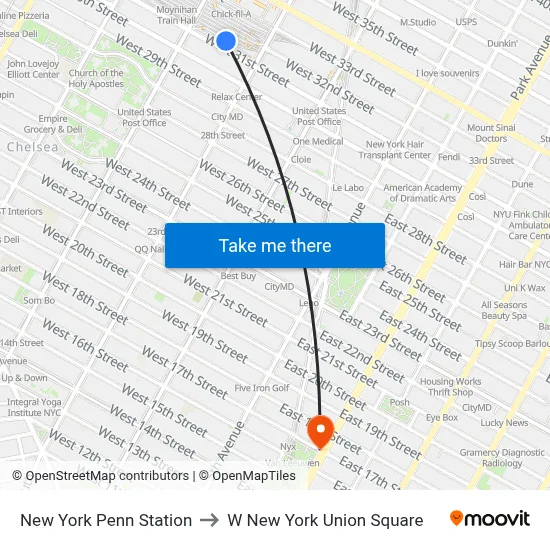 New York Penn Station to W New York Union Square map