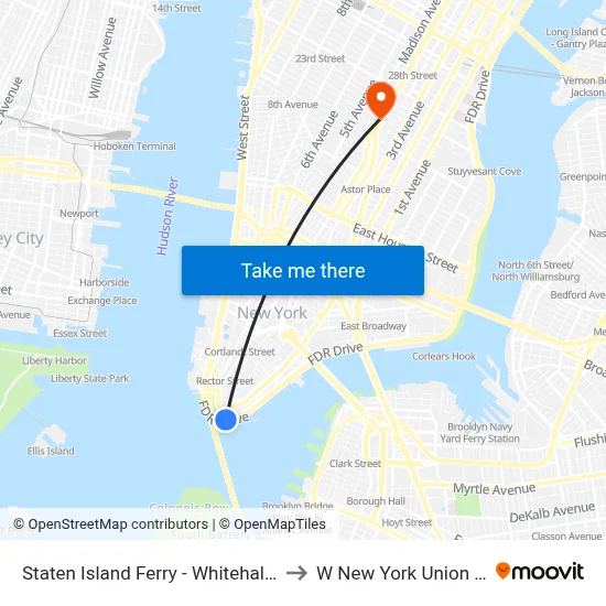 Staten Island Ferry - Whitehall Terminal to W New York Union Square map