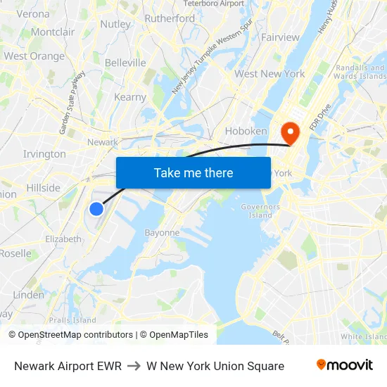 Newark Airport EWR to W New York Union Square map